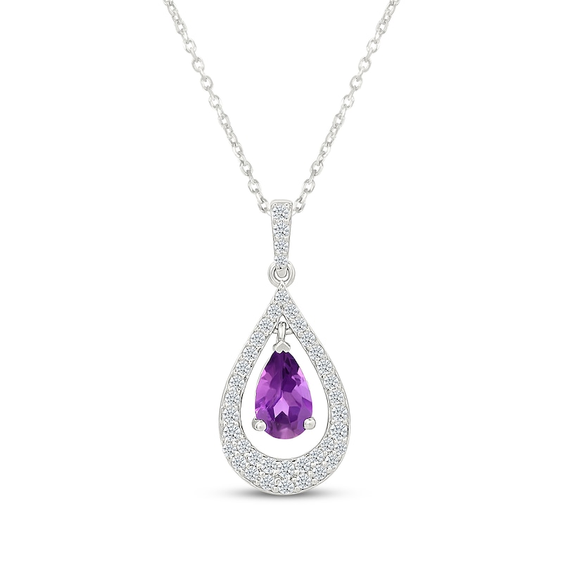 Main Image 1 of Pear-Shaped Amethyst & White Lab-Created Sapphire Teardrop Necklace Sterling Silver 18&quot;