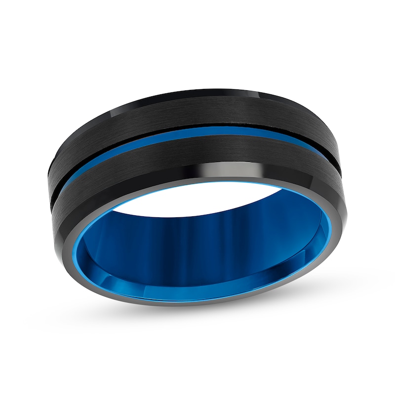 Main Image 1 of Now + Forever Men's Grooved Wedding Band Black & Blue Ion-Plated Tungsten Carbide 6mm