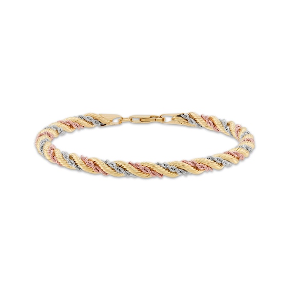 4.5mm Silk Rope Chain Bracelet Semi-Solid 10K Tri-Tone Gold 7.5"