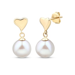 Cultured Pearl Dangle Heart Earrings 10K Yellow Gold