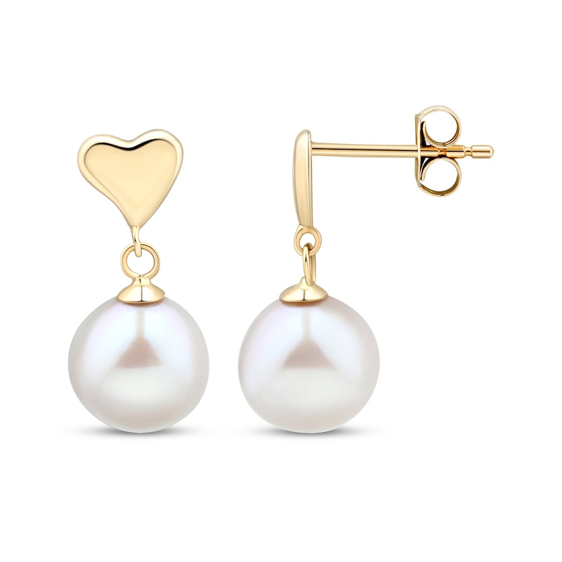 Main Image 3 of Cultured Pearl Dangle Heart Earrings 10K Yellow Gold
