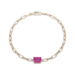 STUDIO BY KAY Emerald-Cut Pink Lab-Created Sapphire Solitaire Paperclip Chain Bracelet 24K Yellow Gold Vermeil Sterling Silver 7.25"
