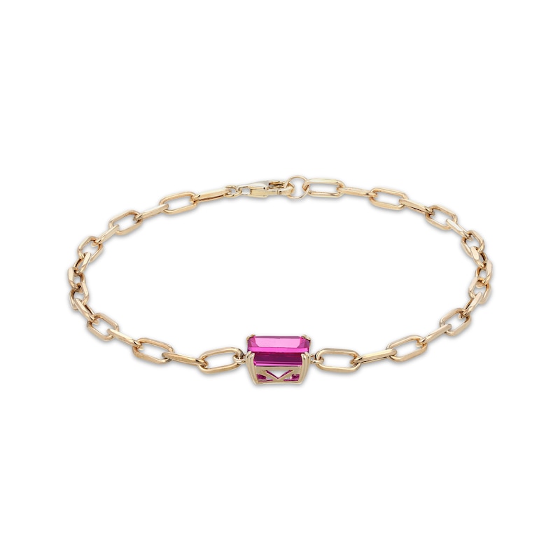 Main Image 2 of STUDIO BY KAY Emerald-Cut Pink Lab-Created Sapphire Solitaire Paperclip Chain Bracelet 24K Yellow Gold Vermeil Sterling Silver 7.25"