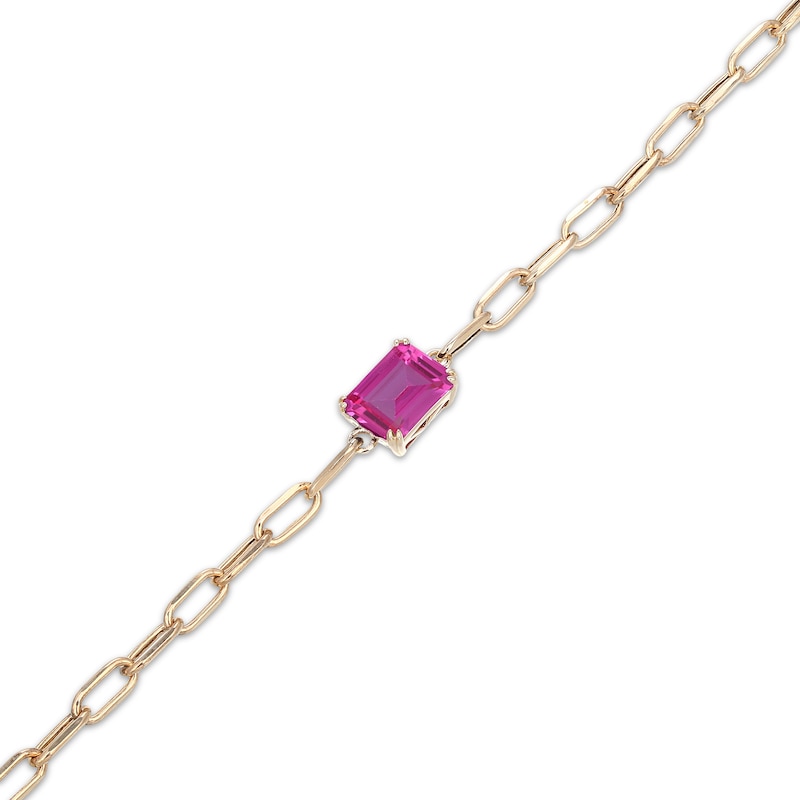 Main Image 3 of STUDIO BY KAY Emerald-Cut Pink Lab-Created Sapphire Solitaire Paperclip Chain Bracelet 24K Yellow Gold Vermeil Sterling Silver 7.25"