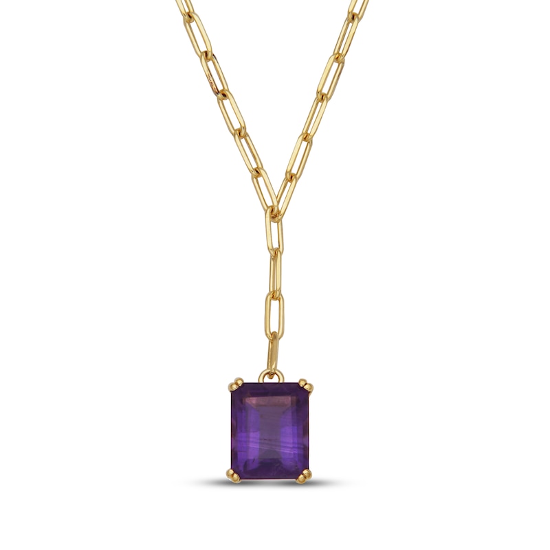 Main Image 1 of Emerald-Cut Amethyst Solitaire Y-Drop Paperclip Chain Necklace 18K Gold-Plated Sterling Silver 18"