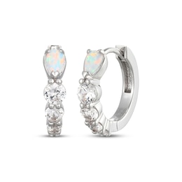 Pear-Shaped Lab-Created Opal & White Lab-Created Sapphire Huggie Hoop Earrings Sterling Silver