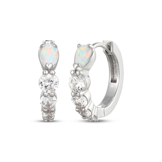 Pear-Shaped Lab-Created Opal & White Lab-Created Sapphire Huggie Hoop Earrings Sterling Silver