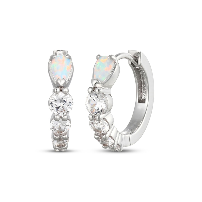Main Image 1 of Pear-Shaped Lab-Created Opal & White Lab-Created Sapphire Huggie Hoop Earrings Sterling Silver
