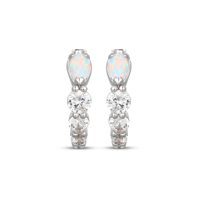 Main Image 2 of Pear-Shaped Lab-Created Opal & White Lab-Created Sapphire Huggie Hoop Earrings Sterling Silver