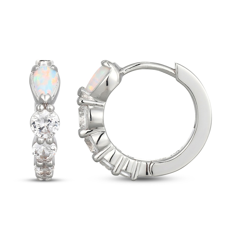Main Image 3 of Pear-Shaped Lab-Created Opal & White Lab-Created Sapphire Huggie Hoop Earrings Sterling Silver