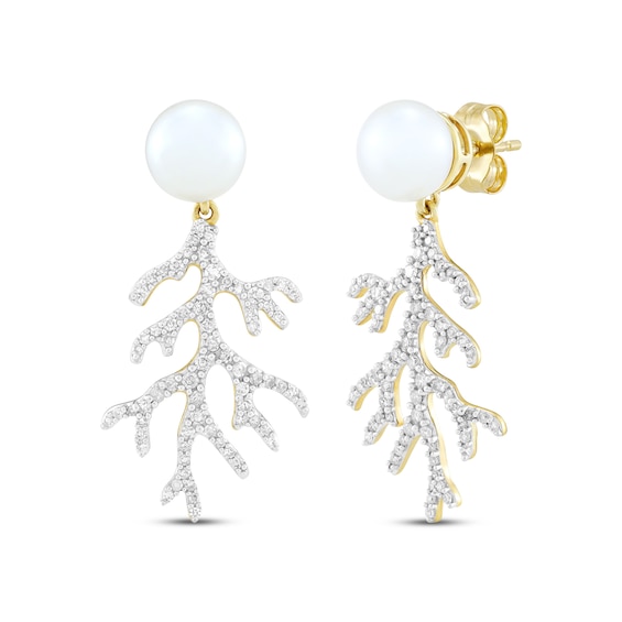Cultured Pearl & White Lab-Created Sapphire Coral Drop Earrings 10K Yellow Gold