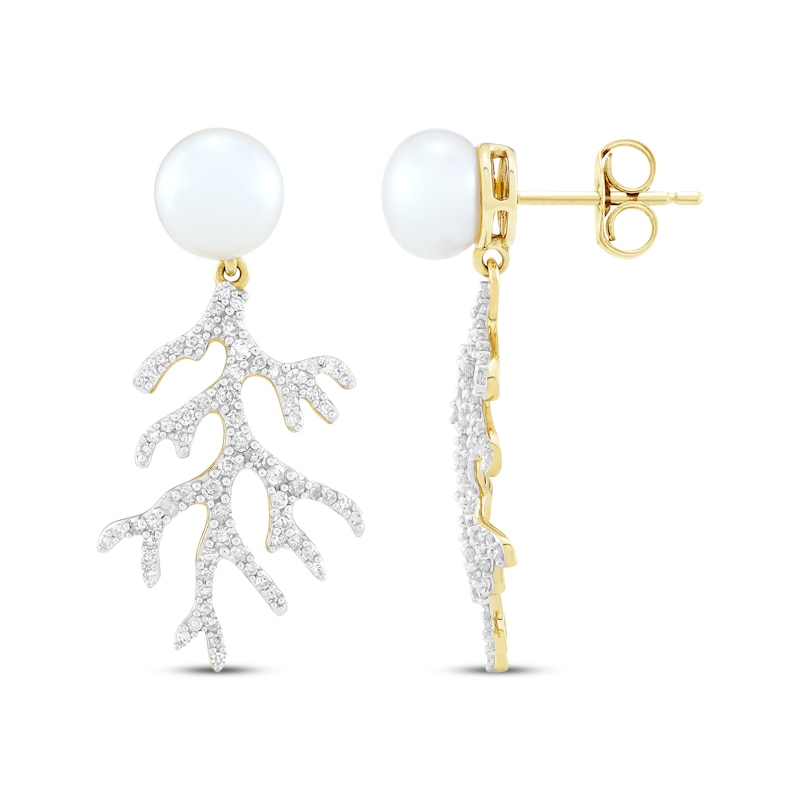 Main Image 3 of Cultured Pearl & White Lab-Created Sapphire Coral Drop Earrings 10K Yellow Gold