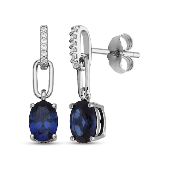 Oval-Cut Blue Lab-Created Sapphire & White Lab-Created Sapphire Chain Drop Earrings Sterling Silver