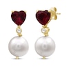 Thumbnail Image 1 of Cultured Pearl, Heart-Shaped Lab-Created Ruby & White Lab-Created Sapphire Drop Earrings 10K Yellow Gold