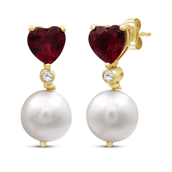 Cultured Pearl, Heart-Shaped Lab-Created Ruby & White Lab-Created Sapphire Drop Earrings 10K Yellow Gold