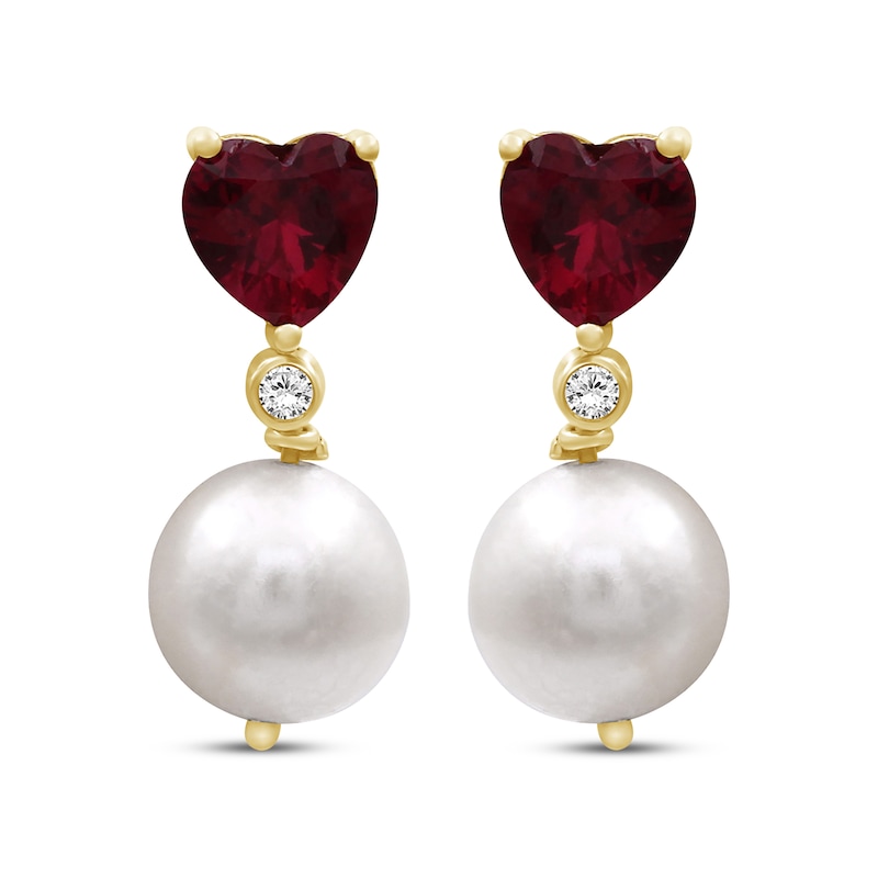 Main Image 2 of Cultured Pearl, Heart-Shaped Lab-Created Ruby & White Lab-Created Sapphire Drop Earrings 10K Yellow Gold