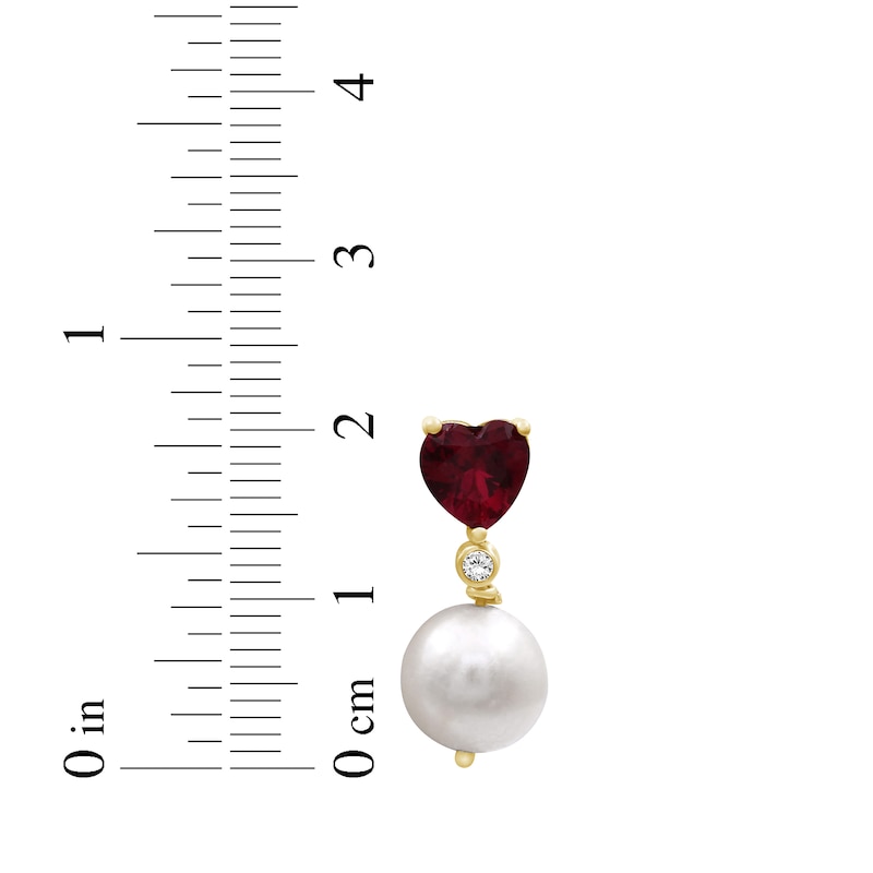 Main Image 3 of Cultured Pearl, Heart-Shaped Lab-Created Ruby & White Lab-Created Sapphire Drop Earrings 10K Yellow Gold