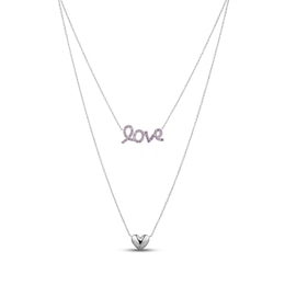 Amethyst "Love" & Heart Layered Necklace Sterling Silver 18"