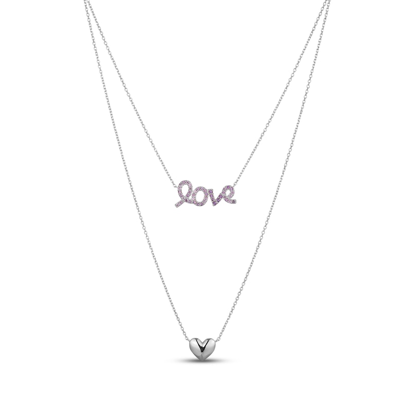 Main Image 1 of Amethyst "Love" & Heart Layered Necklace Sterling Silver 18"
