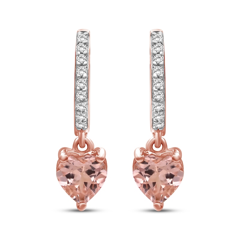 Main Image 2 of Heart-Shaped Morganite & Diamond Dangle Hoop Earrings 1/10 ct tw 10K Rose Gold