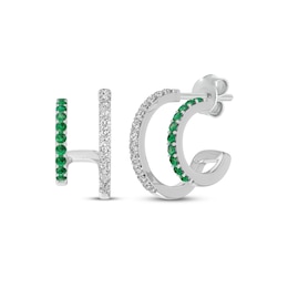 Lab-Created Emerald & White Lab-Created Sapphire Two-Row J-Hoop Earrings Sterling Silver