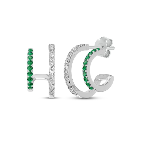 Lab-Created Emerald & White Lab-Created Sapphire Two-Row J-Hoop Earrings Sterling Silver