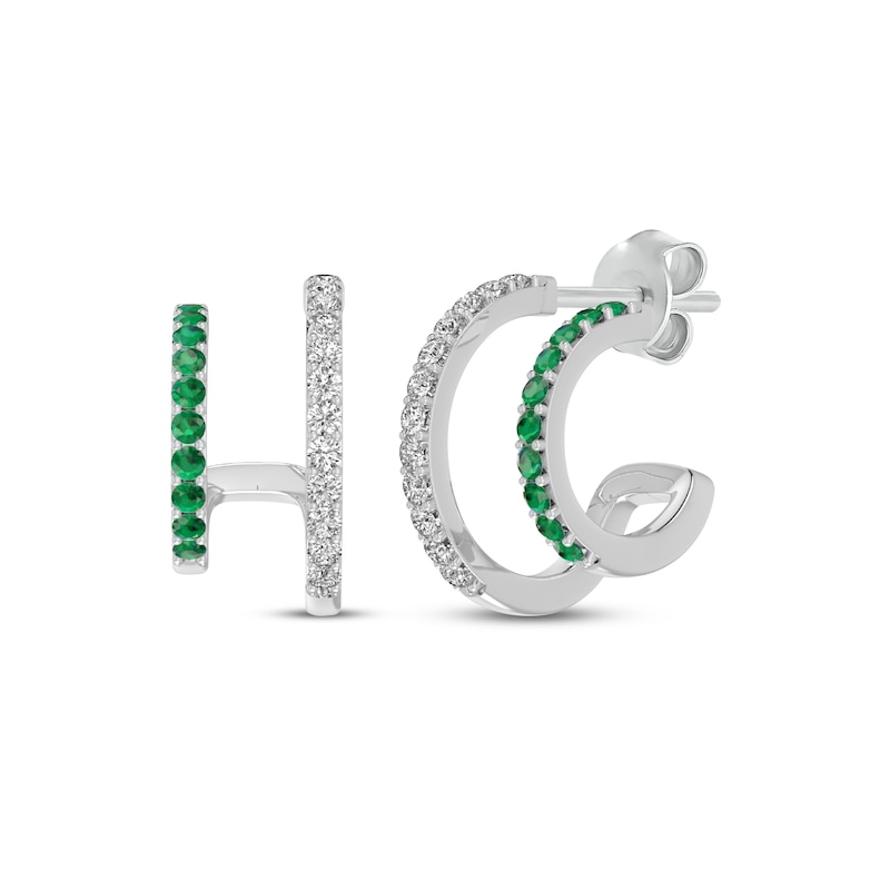 Main Image 1 of Lab-Created Emerald & White Lab-Created Sapphire Two-Row J-Hoop Earrings Sterling Silver