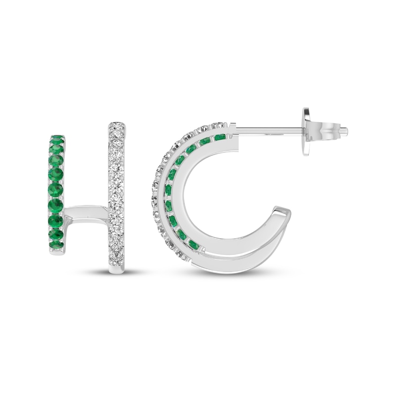Main Image 3 of Lab-Created Emerald & White Lab-Created Sapphire Two-Row J-Hoop Earrings Sterling Silver