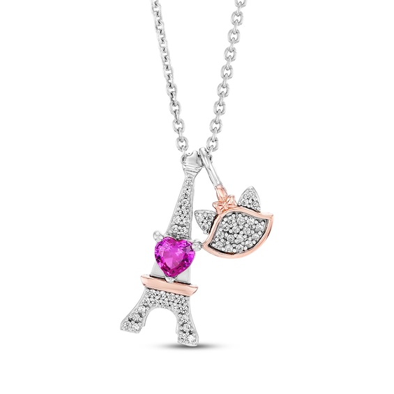 Disney Treasures The Aristocats Heart-Shaped Pink Lab-Created Sapphire & Diamond Necklace 1/10 ct tw Sterling Silver & 10K Rose Gold 19"