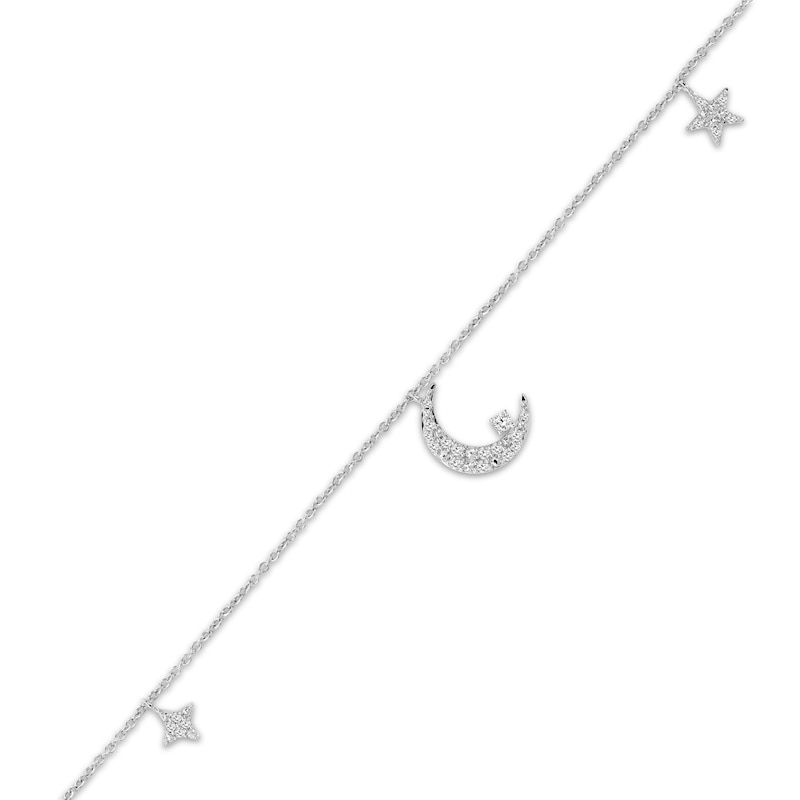 Main Image 1 of Diamond Crescent Moon & Stars Dangle Anklet 1/8 ct tw Sterling Silver 9"