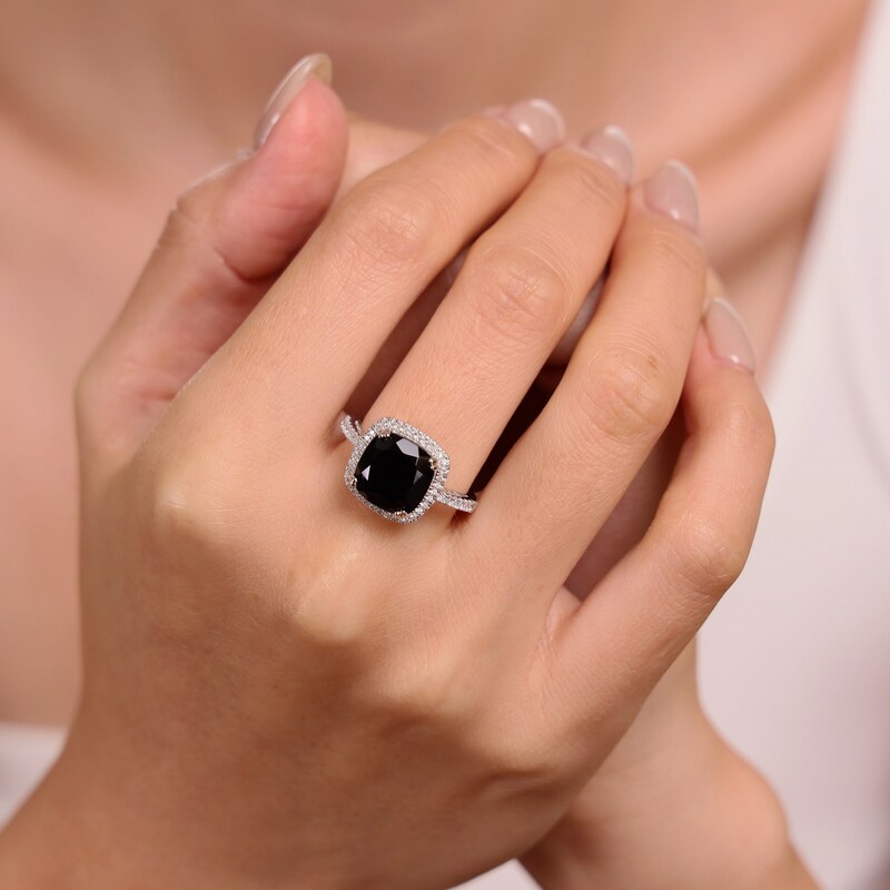 Main Image 5 of Cushion-Cut Black Onyx & White Lab-Created Sapphire Ring Sterling Silver