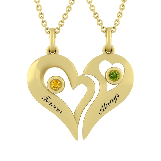 Couple's Birthstone Two-Piece Heart Necklace Set (2 Stones and Lines)