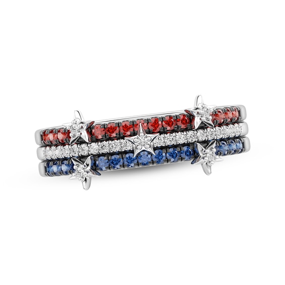 Natural Garnet & Blue and White Lab-Created Sapphire Stars Trio Ring Sterling Silver