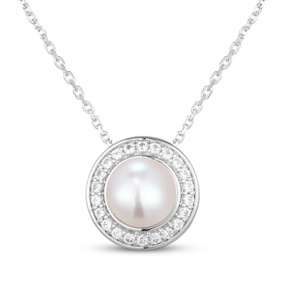 Cultured Pearl & White Lab-Created Sapphire Halo Necklace Sterling Silver 18"
