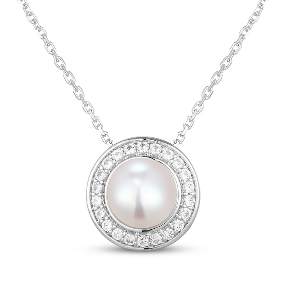Cultured Pearl & White Lab-Created Sapphire Halo Necklace Sterling Silver 18"