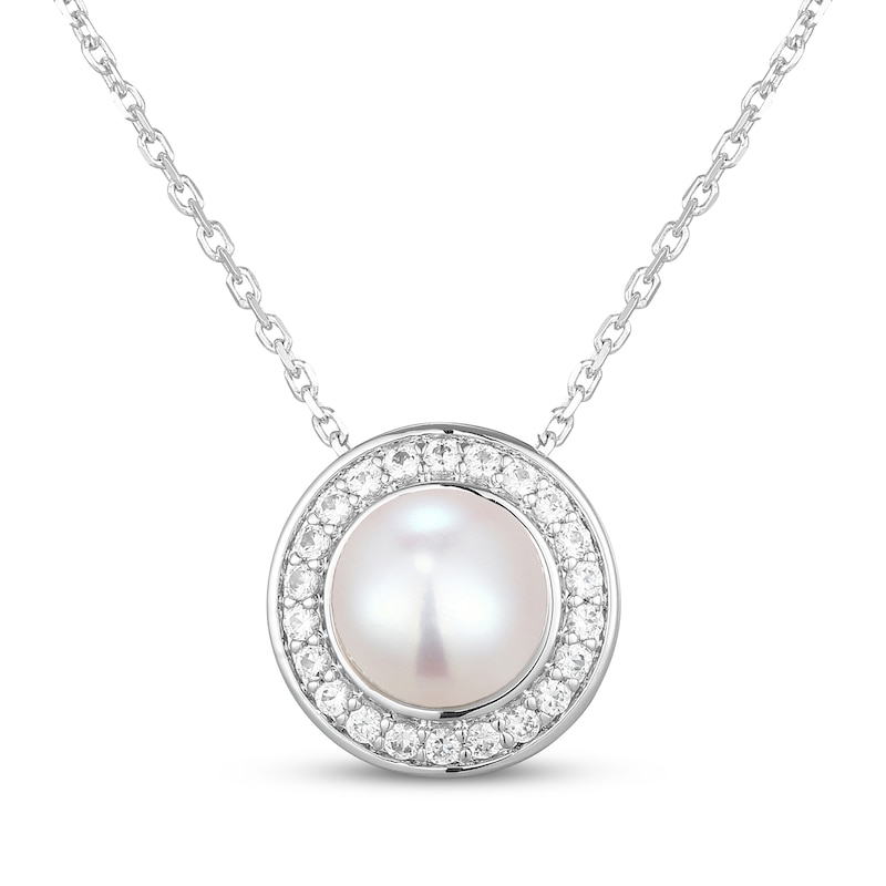 Main Image 1 of Cultured Pearl & White Lab-Created Sapphire Halo Necklace Sterling Silver 18"