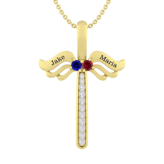Birthstone Couple's Cross Necklace (2 Stones and Lines)