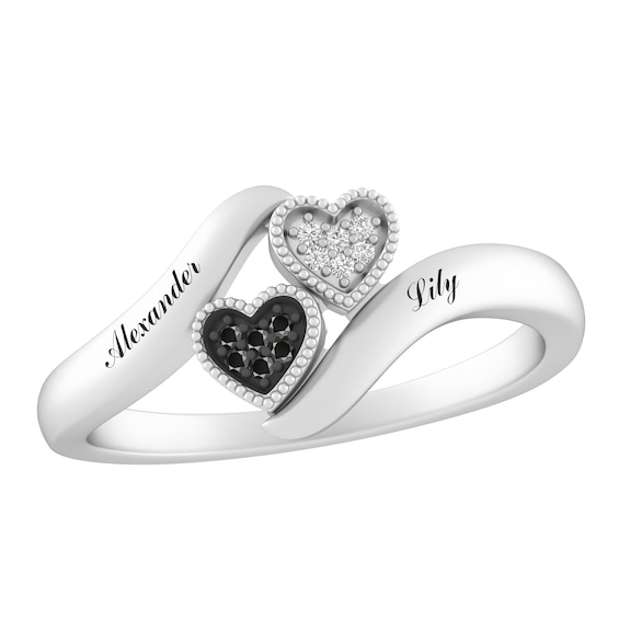 Black and White Diamond Hearts Promise Ring (2 Lines)