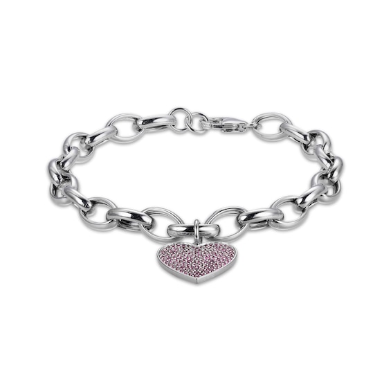 Round-Cut Lab-Created Ruby Heart Charm Bracelet Sterling Silver 7.25“