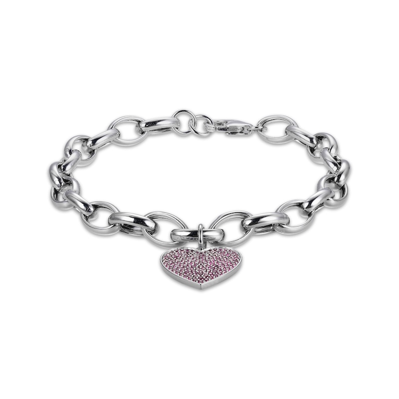 Main Image 1 of Round-Cut Lab-Created Ruby Heart Charm Bracelet Sterling Silver 7.25“