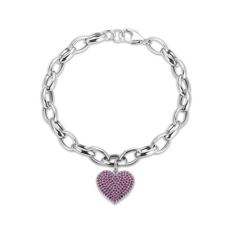 Main Image 2 of Round-Cut Lab-Created Ruby Heart Charm Bracelet Sterling Silver 7.25“