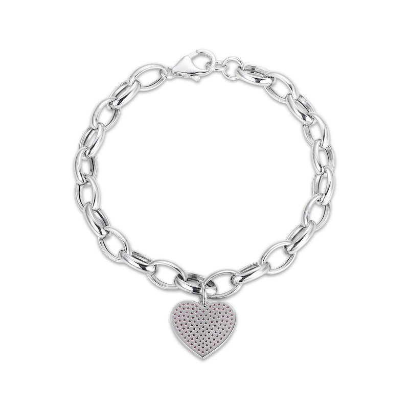 Main Image 3 of Round-Cut Lab-Created Ruby Heart Charm Bracelet Sterling Silver 7.25“