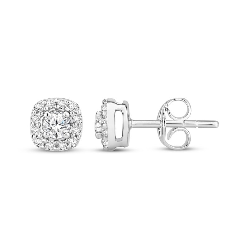 Main Image 1 of Diamond Cushion-Shaped Halo Stud Earrings 1/2 ct tw 10K White Gold