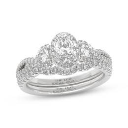 THE LEO Ideal Cut Diamond Oval & Round Three-Stone Halo Bridal Set 1-1/8 ct tw 14K White Gold