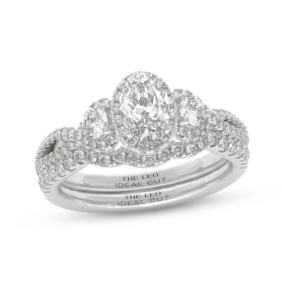 THE LEO Ideal Cut Diamond Oval & Round Three-Stone Halo Bridal Set 1-1/8 ct tw 14K White Gold