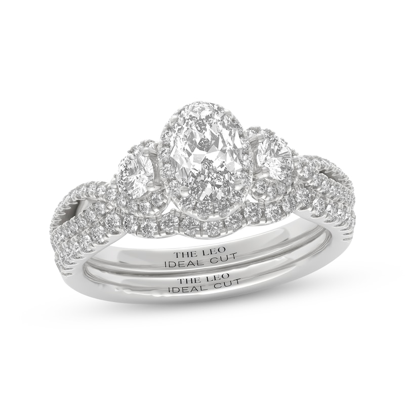 Main Image 1 of THE LEO Ideal Cut Diamond Oval & Round Three-Stone Halo Bridal Set 1-1/8 ct tw 14K White Gold