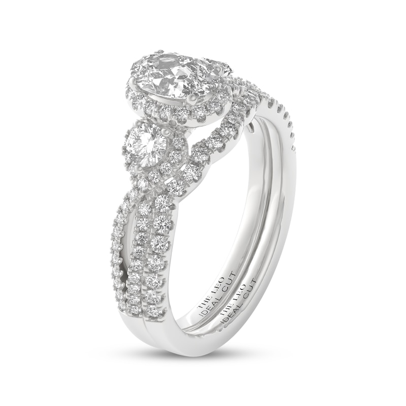 Main Image 2 of THE LEO Ideal Cut Diamond Oval & Round Three-Stone Halo Bridal Set 1-1/8 ct tw 14K White Gold