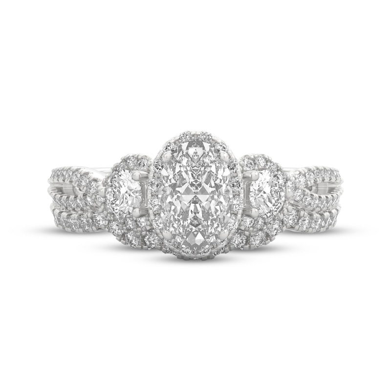 Main Image 3 of THE LEO Ideal Cut Diamond Oval & Round Three-Stone Halo Bridal Set 1-1/8 ct tw 14K White Gold