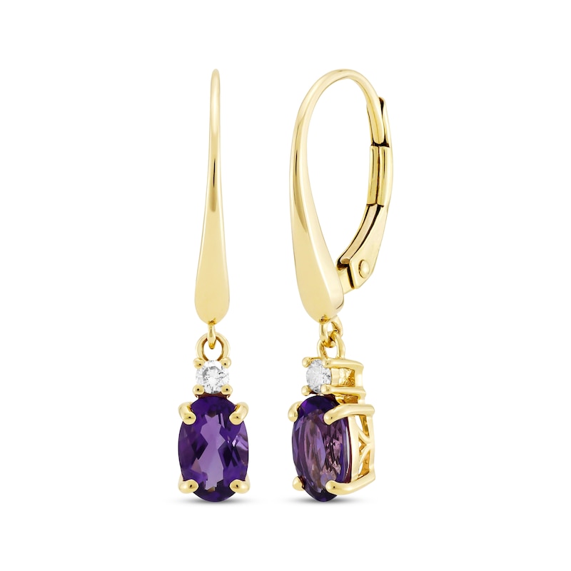 Main Image 1 of Oval-Cut Amethyst & Diamond Dangle Earrings 10K Yellow Gold