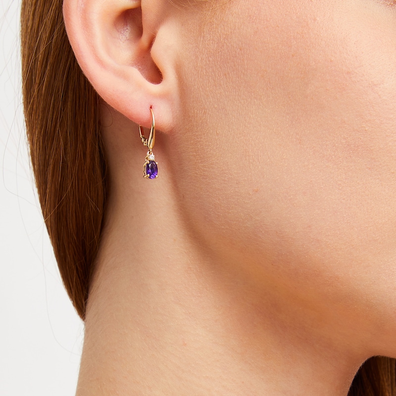 Main Image 4 of Oval-Cut Amethyst & Diamond Dangle Earrings 10K Yellow Gold